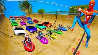 Stunt epic challenge GTA V Spiderman mod a Cars Bentley Bacalar Audi RS6 Toyota Fire Truck Jet ski