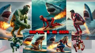 Superhero riding a surfboard being chased by a giant shark(marvel & dc)