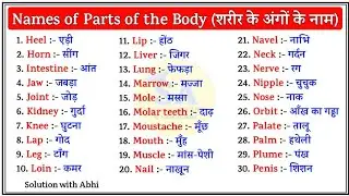 Names of parts of the body | Body parts in english | Parts of the body hindi | शरीर के अंगों के नाम