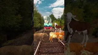 cow, bear, horse, elephant catching her son vs train 