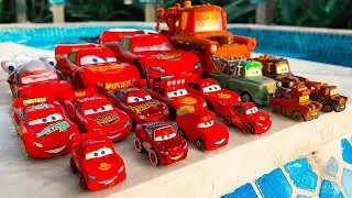 Disney Pixar Cars falling into deep pool, Lightning McQueen, Tow Mater, Mack, Sally, Francesco