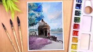 EASY Temple Watercolor Painting Tutorial for Beginners // #watercolordemonstration  #monochrome