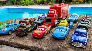 Disney Pixar Cars falling into deep pool, Lightning McQueen, Tow Mater, Mack, Sally, Francesco