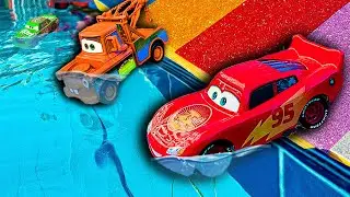 Disney Pixar Cars falling into deep pool, Lightning McQueen, Tow Mater, Mack, Sally, Francesco