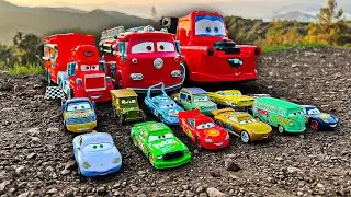 Disney Pixar Cars falling into deep pool, Lightning McQueen, Tow Mater, Mack, Sally, Francesco