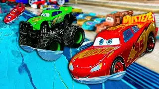 Disney Pixar Cars falling into deep pool, Lightning McQueen, Tow Mater, Mack, Sally, Francesco