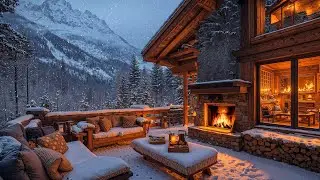 Cozy Winter Porch Ambience with Smooth Jazz Instrumental Music ❄️ Snowfall & Crackling Fireplace