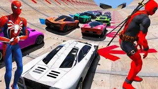 Win Ramps GTA 5 Spiderman and Deadpool team Superheroes cars and Sportcars games