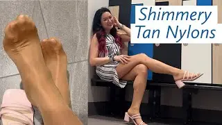 Tanned Shimmery Pantyhose Review, Nylons Stockings Tights Legs Feet Soles Toes Girl Sandals Shoeplay