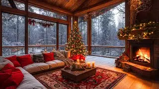 Soft Christmas Piano Jazz Music for Relax 🎄 Cozy Fireplace Sounds at Warm Christmas Balcony Ambience