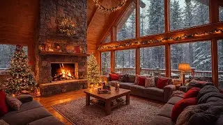 Smooth Christmas Jazz 🎅 Cozy Winter Cabin with Warm Fireplace Burning, Snowfall ~ Christmas Ambience