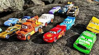 Disney Pixar Cars falling into deep pool, Lightning McQueen, Tow Mater, Mack, Sally, Francesco