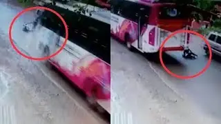 Footage: Lucky escape for scooter rider in accident with bus