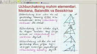 Uchburchakning muhim elementlari. Mediana, Balandlik va Bissektrisa. Geometriya 7-sinf. 12-dars