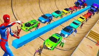 A Ramp extending over the city Spiderman Team VS Black Adam Team BMX Sport-Cars and Truck Red Hulk