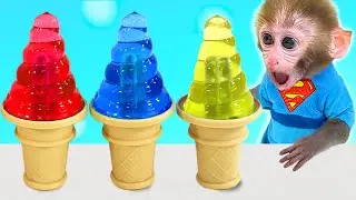 Monkey Baby Bon Bon eat jelly rainbow ice cream and naughty with ducklings in the farm