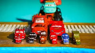 Disney Pixar Cars falling into deep pool, Lightning McQueen, Tow Mater, Mack, Sally, Francesco