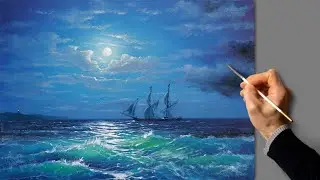 ❤️ Acrylic Painting - Full Moon Ocean / Landscape Art / Easy Drawing Tutorials / Satisfying Relaxing