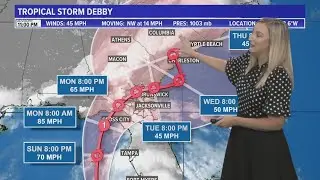 Saturday 11pm Debby Update - The tropical storm is a little stronger