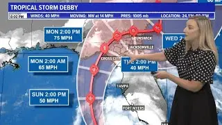 Intensifying Tropical Storm Debby to impact Northeast Florida, Southeast Georgia into Tuesday