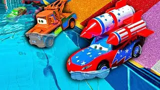 Disney Pixar Cars falling into deep pool, Lightning McQueen, Tow Mater, Mack, Sally, Francesco