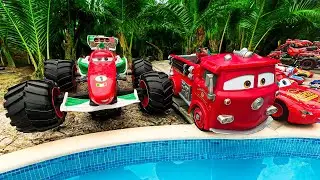 Disney Pixar Cars falling into deep pool, Lightning McQueen, Tow Mater, Mack, Sally, Francesco