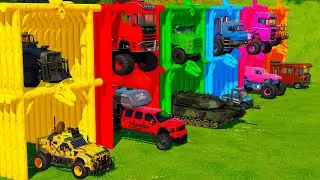 TRANSPORTING OFF-ROAD VEHICLES, CAMPER TRUCKS, POLICE CAR & MONSTER TRUCK WITH BIG HEAVY TRUCKS!