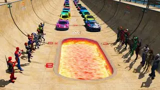 Ramps jump in City Epic showdown! 20 cars and Superheroes Spiderman team vs Trevor team GTA V mod