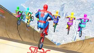 GTA 5 Rainbow Spiderman Mega Ramp Jumps #3 - Spider-Man Stunts & Fails