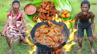 Cooking chicken wing, eating in jungle | Primitive technology