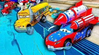 Disney Pixar Cars falling into deep pool, Lightning McQueen, Tow Mater, Mack, Sally, Francesco