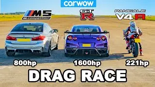 BMW M5 v Nissan GT-R v Ducati V4R - DRAG RACE *tuned cars vs stock bike*