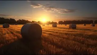 Звуки сверчков и цикад  на закате среди скошенного сена