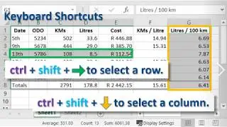 Excel Keyboard Shortcuts: selecting a data Row or Column