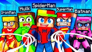 10 FRIENDS on one SUPERHERO BLOCK In Minecraft!