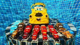 Disney Pixar Cars falling into deep pool, Lightning McQueen, Tow Mater, Mack, Sally, Francesco