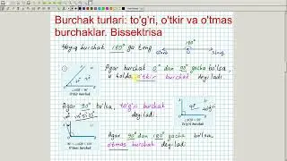 Burchak turlari. To'g'ri, o'tkir va o'tmas burchaklar. Bissektrisa. Geometriya 7-sinf. 7-dars