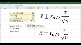 Confidence Interval for mean in Excel z & t (summary values)