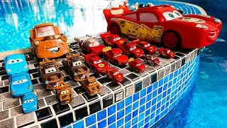 Disney Pixar Cars falling into deep pool, Lightning McQueen, Tow Mater, Mack, Sally, Francesco