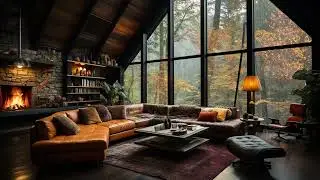 Autumn Rainy Jazz Ambience - Cozy Forest Cabin with Smooth Jazz Piano Music 🌧️ Rain on Window Sounds