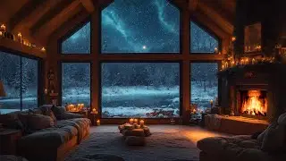 Cozy Winter Night Ambience with Relaxing Jazz Instrumental Music ❄️ Warm Fireplace Burning, Snowfall