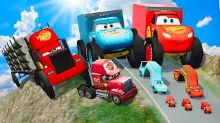 Big & Small Mack Truck with Big Wheels vs Big & Small Lightning McQueen Truck vs Small Pixar Cars