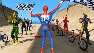 Hard Bikekour Spiderman and Wolverine Deadpool BMX challenge GTA V Superheroes mods