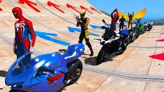 Spotbike Parkour on city Moto Spiderman Wolverine and Deadpool speed challenge in GTA V mod