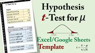 Hypothesis t-test Template for mean in Excel/Google Sheets | Critical & P-values