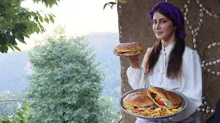 Grandma cooks a big hamburger in the village! Homemade fast food